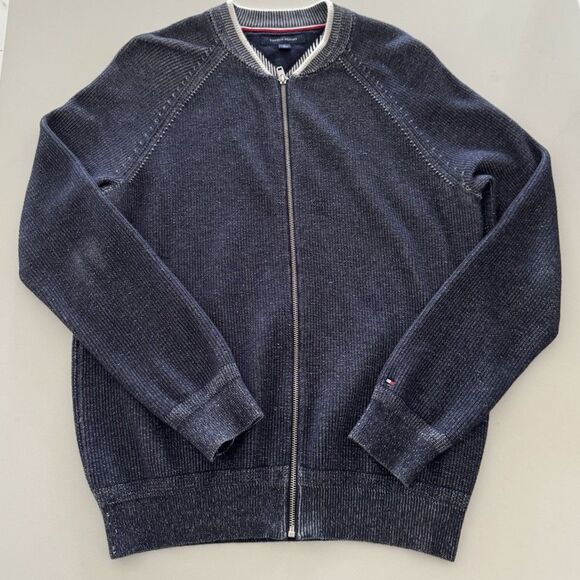 TOMMY HILFIGER sweater Cardigan Men's MEDIUM Knit Bomber Zip Up Stand Up Collar - Picture 1 of 16